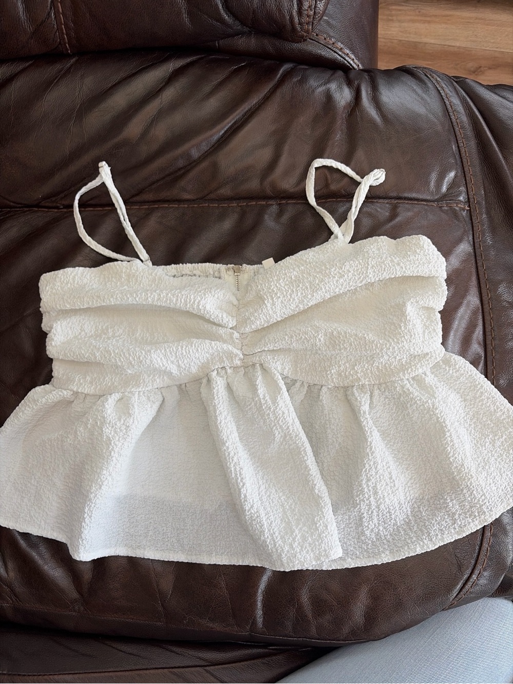 White Textured Peplum Crop Top with Spaghetti Straps